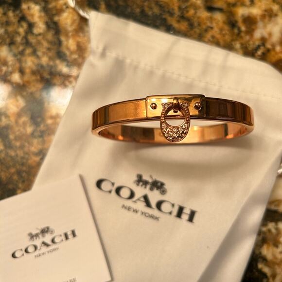 Coach Signature"C" Rose Gold Rhinestone Hinged Bangle - Picture 1 of 5